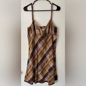 Joie Spaghetti Strap Linen/Cotton Blend Brown Plaid Babydoll Dress Size Large